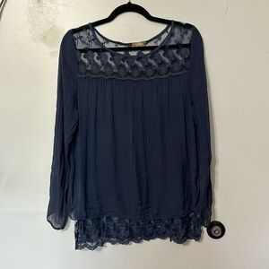Carla Conti 100% Silk and Lace Navy Blue Blouse Size Small